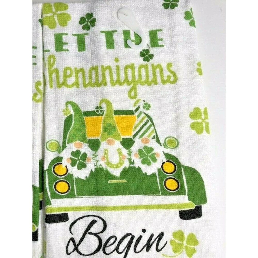 St Patrick's Day Kitchen Dish Towels Set of 2 Let the Shenanigans Begin Gnomes